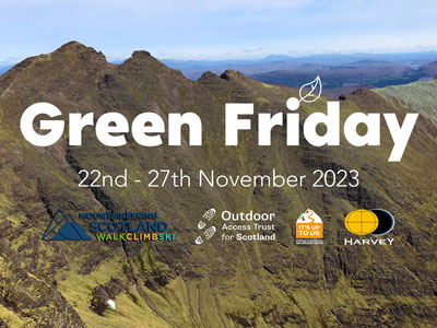 Graphic showing HARVEY Maps donation for Green Friday 2023 with an image of a mountain in the background